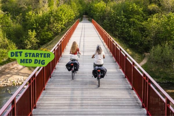 To cyklende kvinder på en bro med en tekst, der lyder: Det starter med dig.